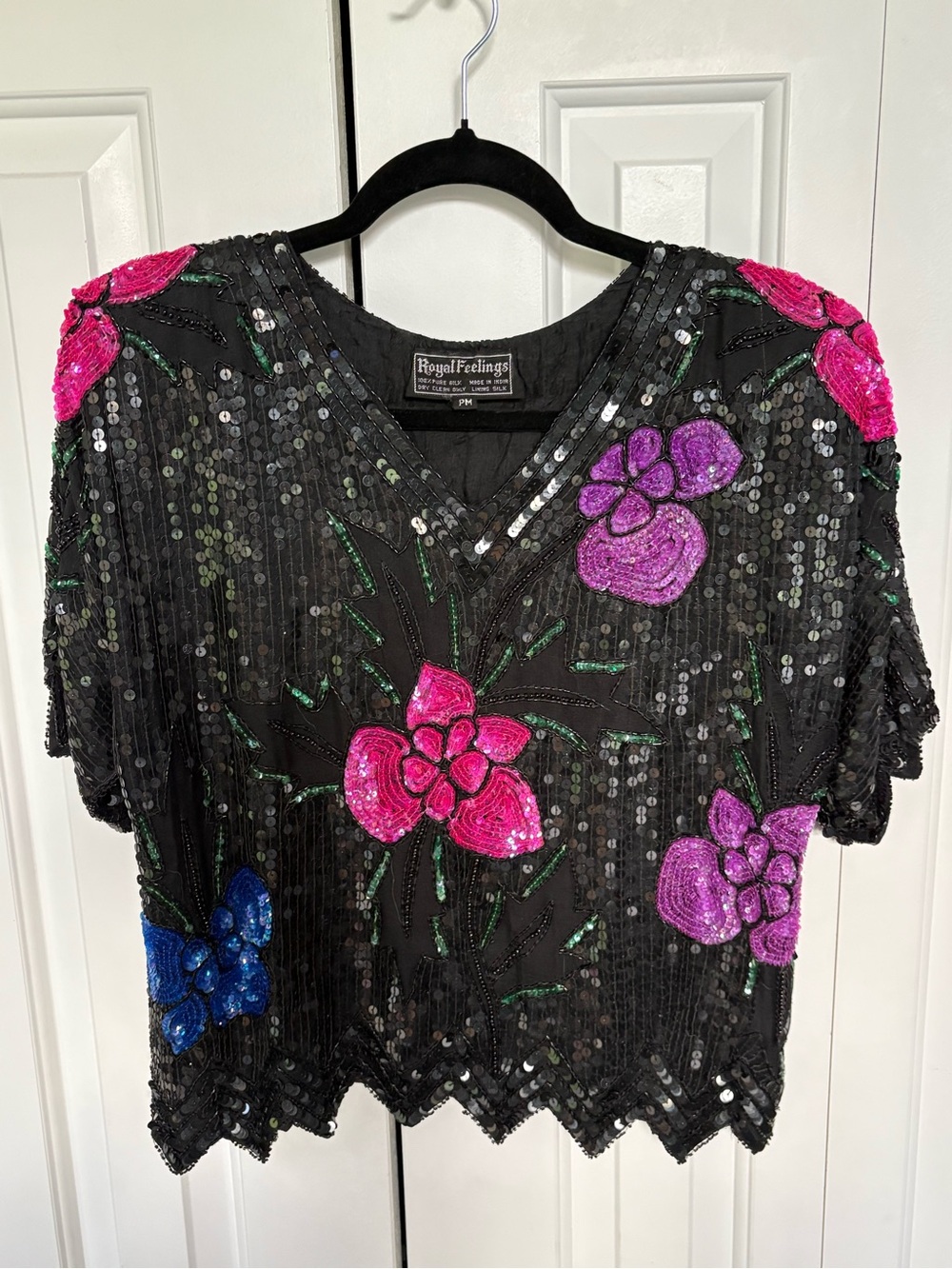 VTG 80s Royal Feelings Silk Sequin Floral Top - Size M